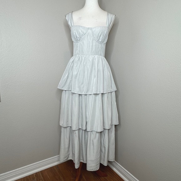WE WORE WHAT Corset Tiered Midi Dress Sz‎ 6-8 Ruffle Lt Gray Cottage Prairie | Poshmark