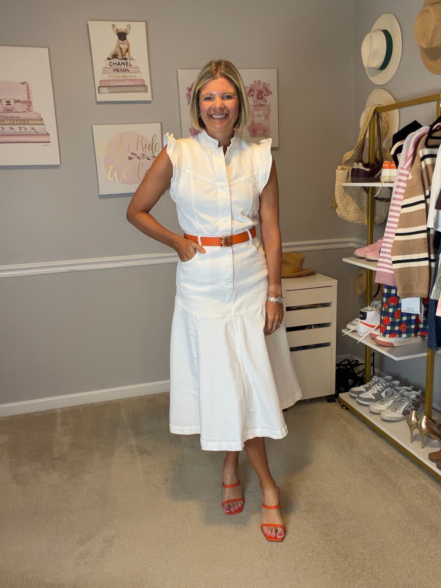 Denim midi dress vis Rent the Runway (Devanti denim dress)
Orange and sole silk scarf
Orange block heel sandals TTs

#LTKMidsize #LTKOver40 #LTKWorkwear