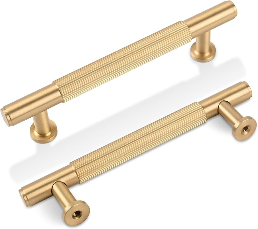 SALISENG-5 Pack Satin Gold Kitchen Cabinet Pulls, 3-3/4 Inches Brushed Brass Dresser Drawer Handl... | Amazon (US)