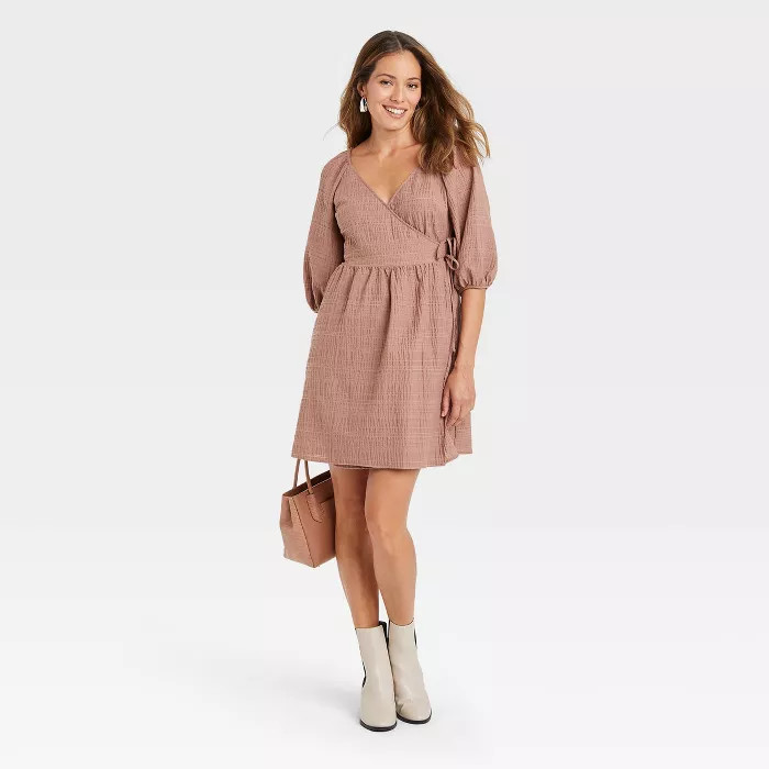 Women's Balloon Elbow Sleeve Tie Waist Wrap Dress - A New Day™ | Target