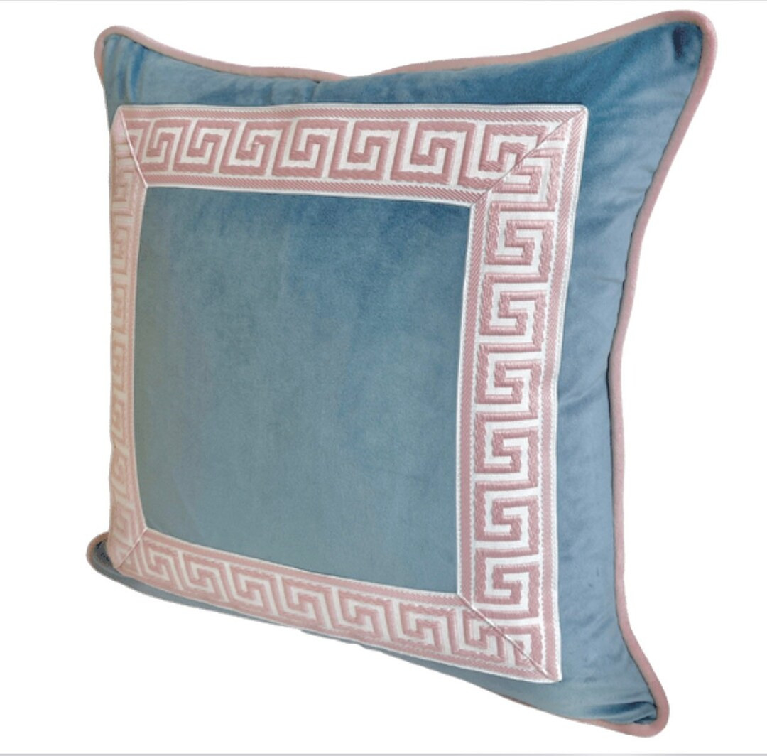 Greek Key Tape Pillow Cover Case Velvet Fabric Dusty Light Blue Soft With Blush Light Pink With P... | Etsy (US)