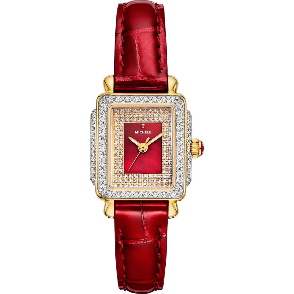 MICHELE Mini Deco Madison Special Edition Two-Tone 18K Gold Plate Diamond Pavé Leather Strap Watch, 23mm x 24mm in Two Tone /Red at Nordstrom | Nordstrom