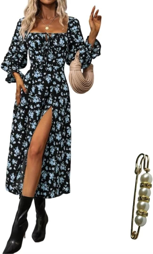 Women’s Floral Square Neck Maxi Dress Bubble Long Sleeve Side Slit Flowy Boho Dresses | Amazon (US)