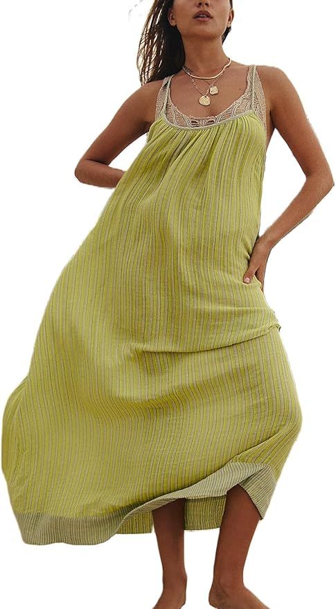 Striped Maxi Dress for Women Y2k Summer Long Flowy Beach Dress Boho Spaghetti Strap Backless Swin... | Amazon (US)
