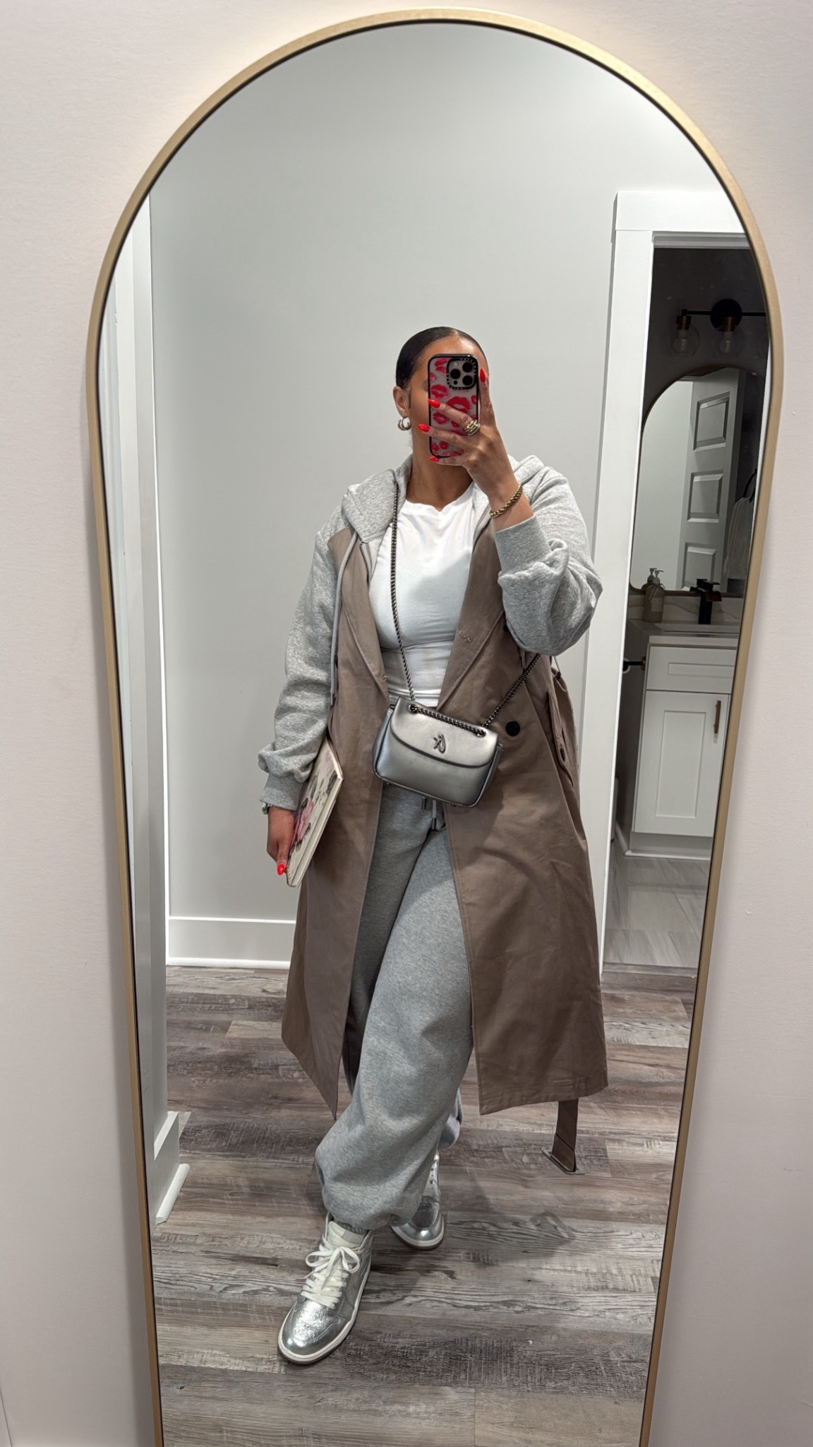 By Kahlana sweat set w/ trench wearing a L on top & bottom 