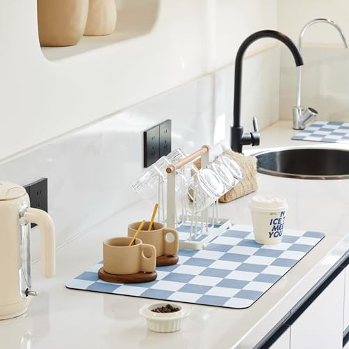 Ohocut Checkered Dish Drying Mat for Kitchen Counter, Coffee Bar, Coffee Station Accessories, Retro Cute Aesthetic Modern Absorbent Drainer Mat Kitchen Drying Mat Easy Clean, Blue 16" x 24" | Amazon (US)
