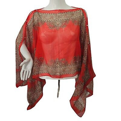 Liang Dian Sheer Red Scarf Poncho Crop Top Women OS Boho Paisley Pearl Accents | eBay US