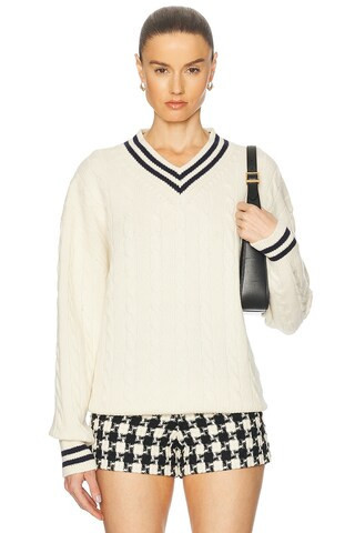&Daughter Slouchy Cricket V-Neck Cable Sweater in Ecru & Navy - Ivory. Size L (also in XS, S, M). | FWRD 