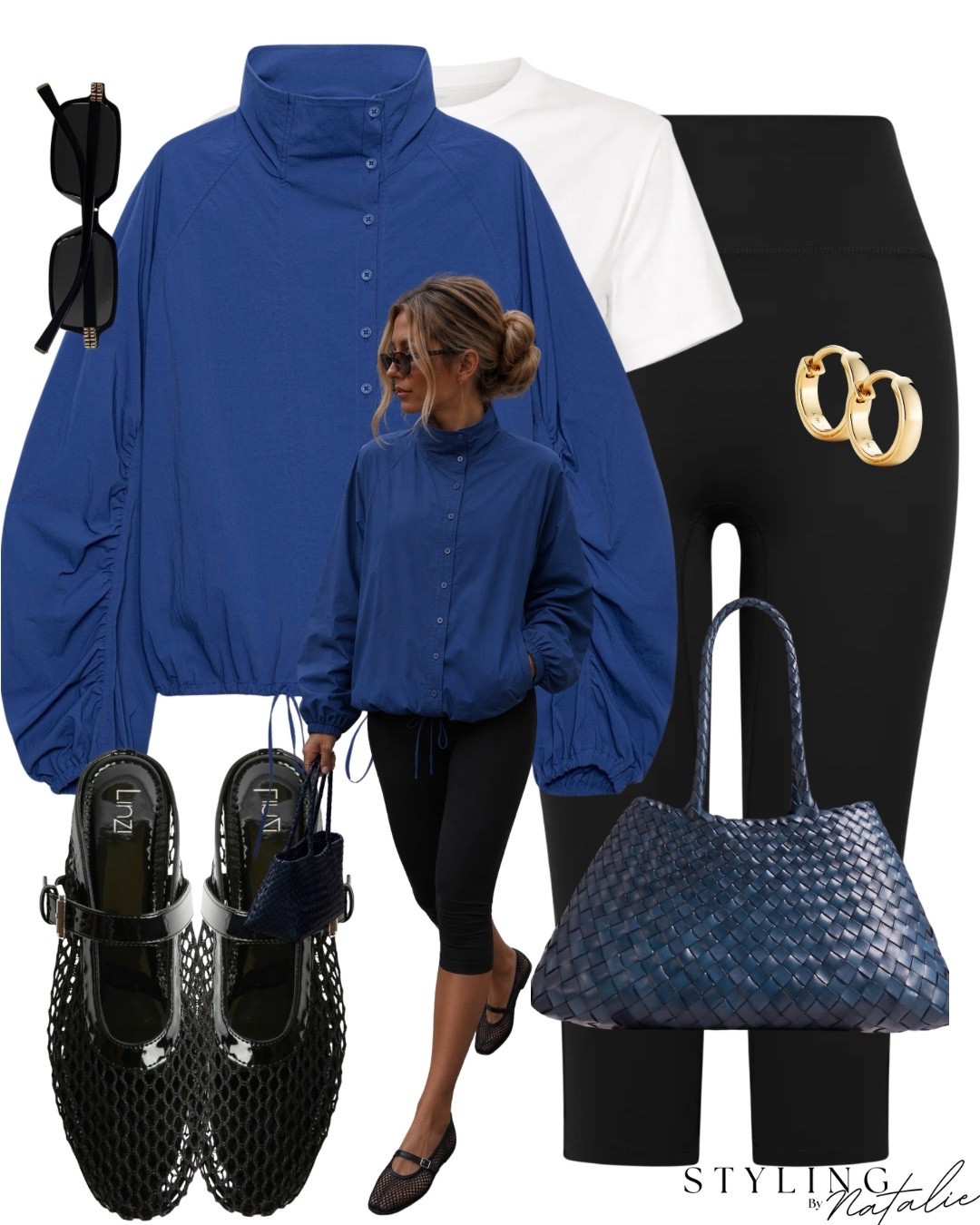 Blue high neck bomber jacket, capri legging’s, blue tote bag, Miu Miu sunglasses, gold earrings and slip on ballet flats. 
Autumn, fall, transitional style, Zara style, trending style, everyday look, casual chic. @linzi

#LTKuk #LTKeurope #LTKautumn
