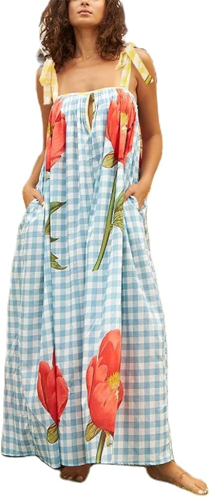 Women Y2k Summer Bohemia Dress Graffiti Square Neck Tie Shoulder Maxi Dress 2024 Backless Beach S... | Amazon (US)