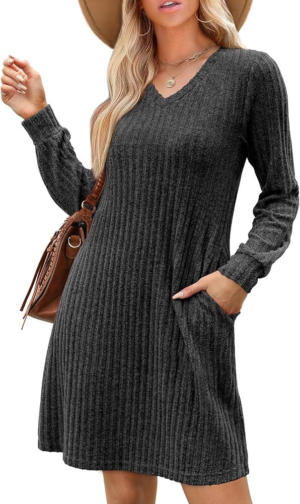 SAMPEEL Womens V Neck Fall Dresses Long Sleeve Casual Sweater Short Dress Fashion Clothes | Amazon (US)