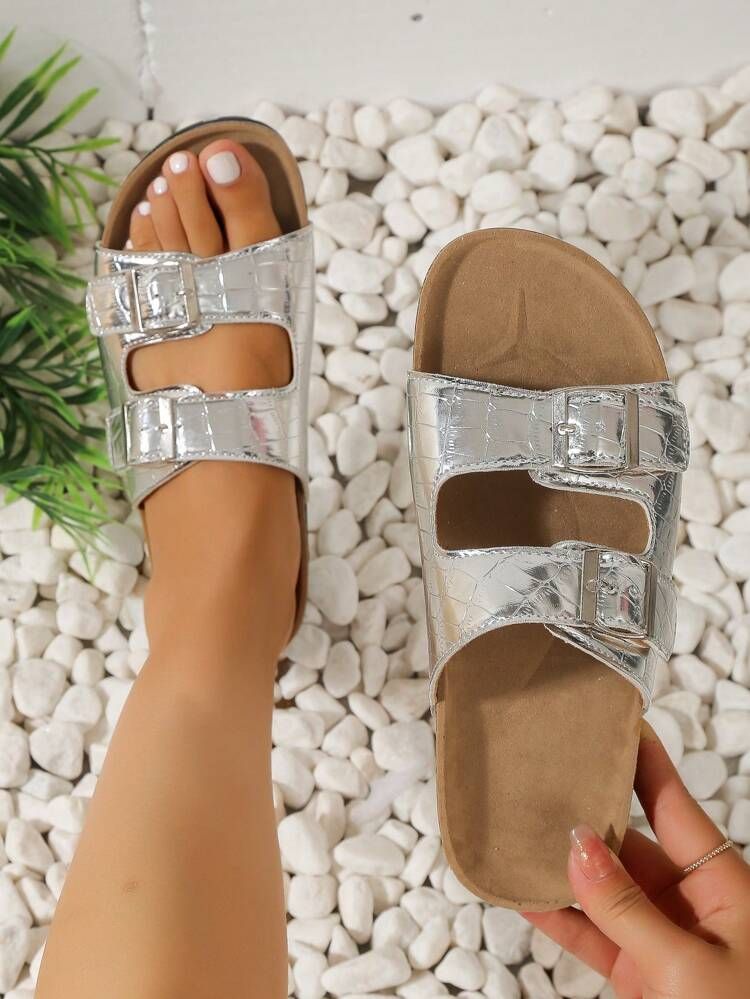 Women Metallic Crocodile Embossed Buckle Decor Footbed Sandals, Glamorous Sandals Silver
       
... | SHEIN