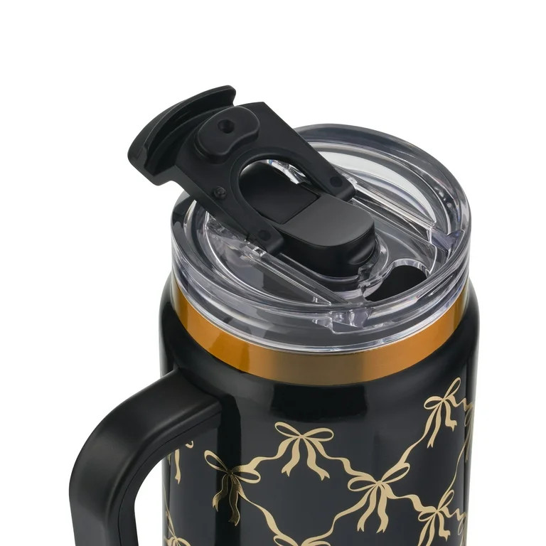 Thyme & Table 32oz Stainless Steel Luna Tumbler with Handle and Dual Straw Lid, Black Bow | Walmart (US)
