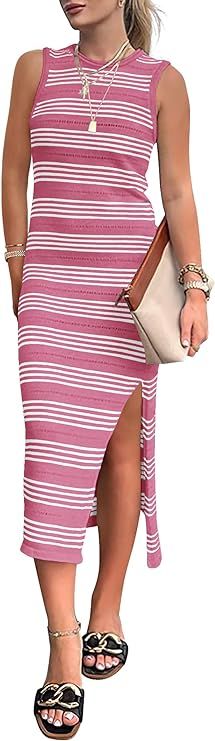 PRETTYGARDEN Womens Knit Side Slit Striped Long Tank Dress | Amazon (US)