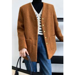 Collarless Button Down Wool-Blend Coat in Caramel | Chicwish