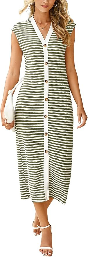 Simplee Women Button Striped Summer Dress Knit Casual Cap Sleeve V-Neck Midi Comfy Travel Dresses... | Amazon (US)