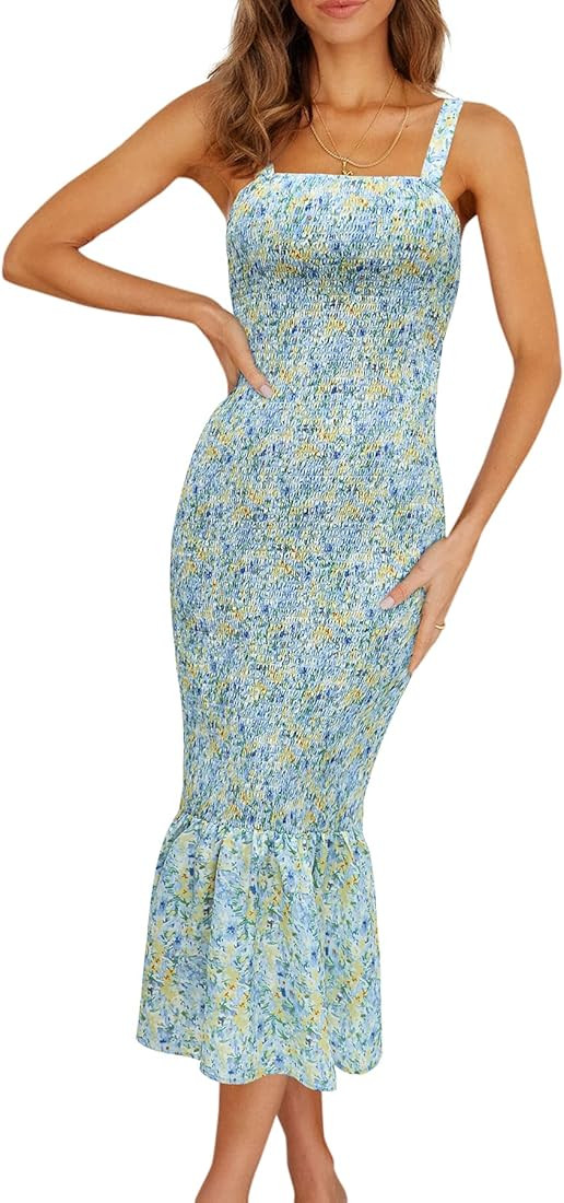 PRETTYGARDEN Women's Summer Floral Midi Tank Dress Sleeveless Strappy Ruffle Hem Smocked Bodycon ... | Amazon (US)