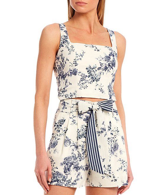 Bonnie Floral Print Linen Square Neck Sleeveless Cropped Coordinating Blouse | Dillard's