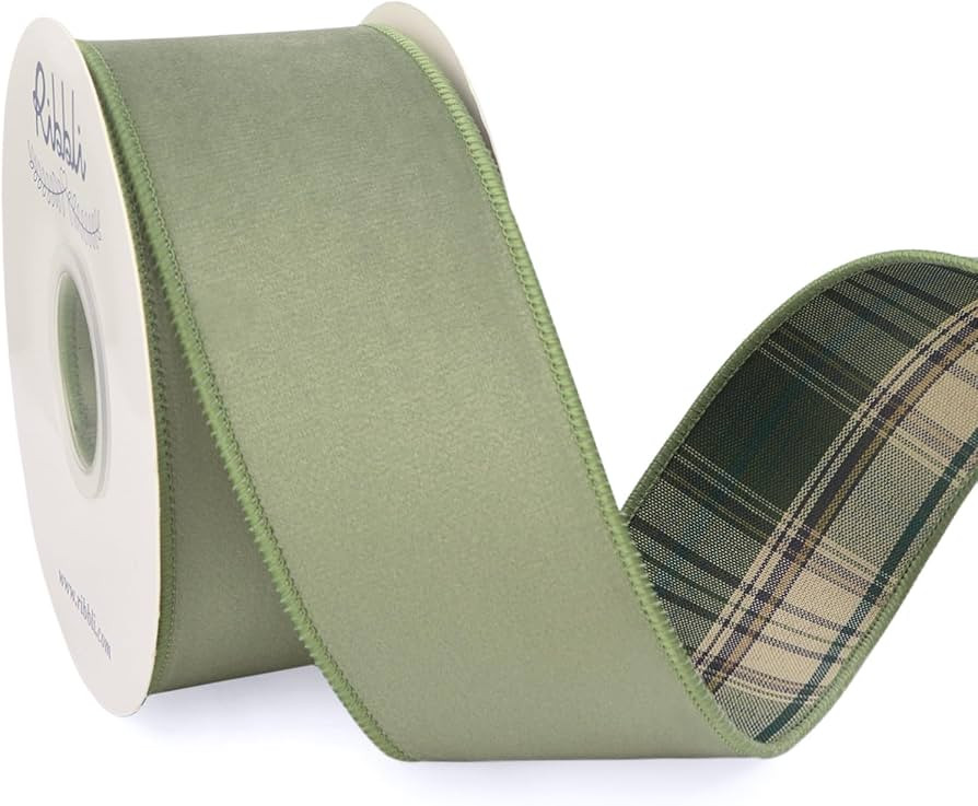 Ribbli Sage Green Velvet Wired Ribbon with Plaid Reversible 2.5 Inch Christmas Ribbon for Gift Wr... | Amazon (US)