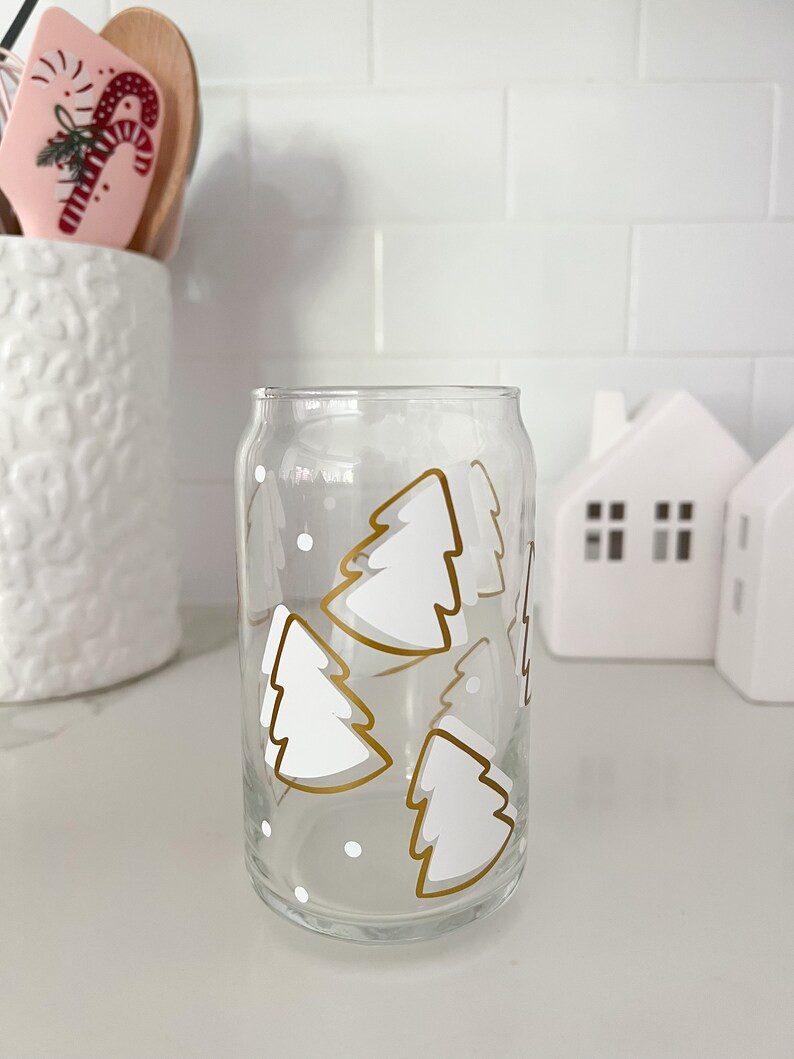 White Christmas Trees Glass Can  Iced Coffee Cup  Soda Glass - Etsy | Etsy (US)