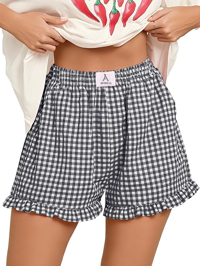 ANRABESS Womens Ruffle Boxer Shorts Pajama Gingham Shorts Summer Casual Lounge Sleep Plaid Beach ... | Amazon (US)