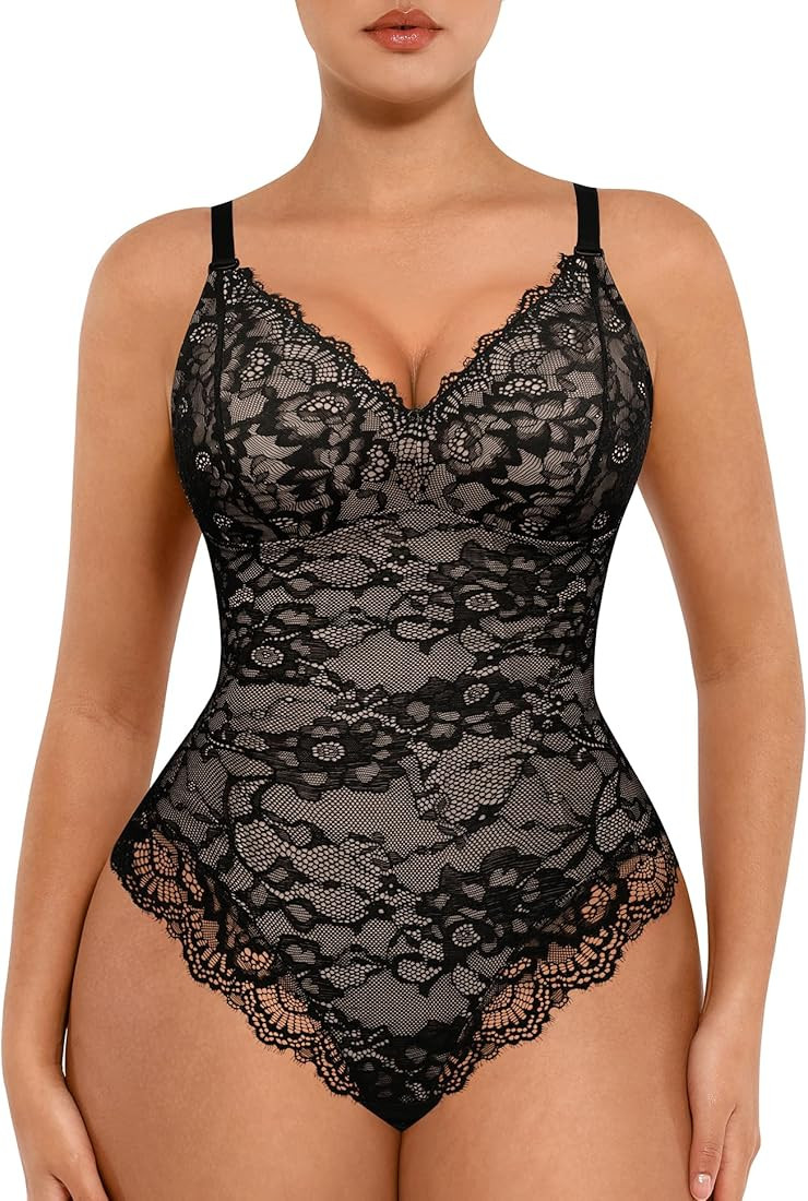 FeelinGirl Shapewear Bodysuits for Women Lace Shapewear Tummy Control V-Neck Sleeveless Bodysuit ... | Amazon (US)