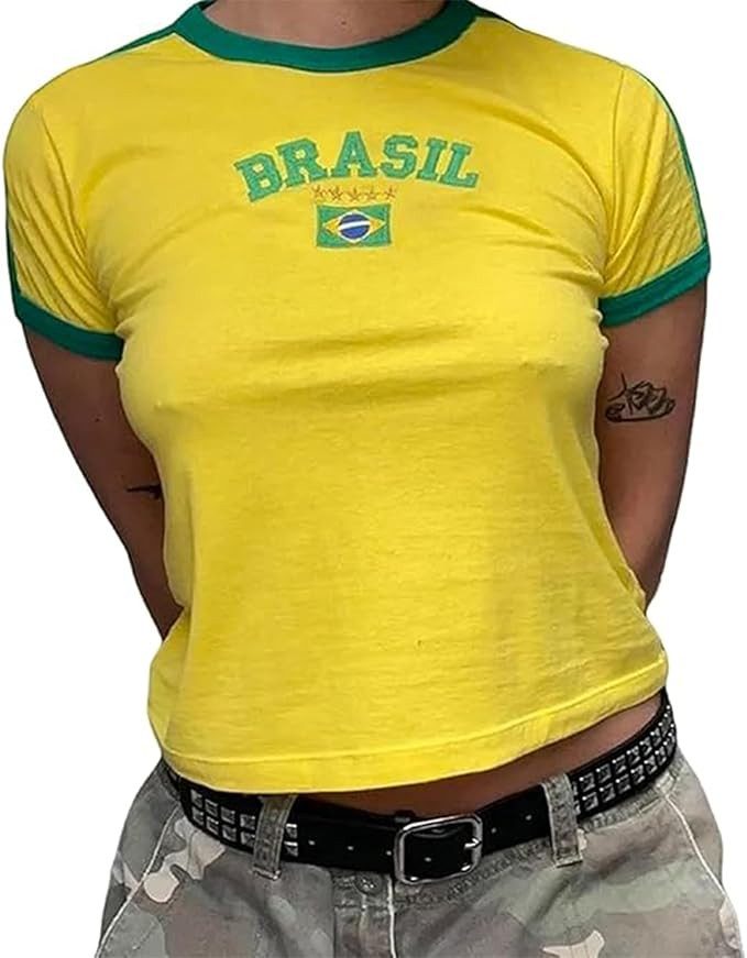 Women Y2K Crop T-Shirt Brasil Letter Crew Neck Short Sleeve Slim Fit Baby Tee Contrast Color Flag... | Amazon (UK)
