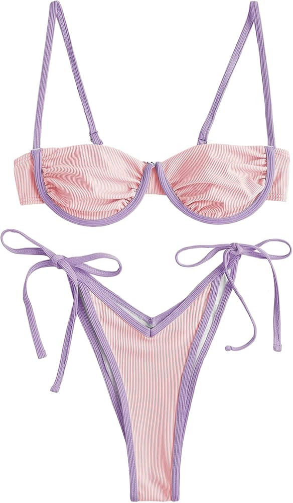 ZAFUL Women's Underwire Bikini Floral High Cut Bikini Set V-Wired Two Piece Swimsuit Bathing Suit | Amazon (US)