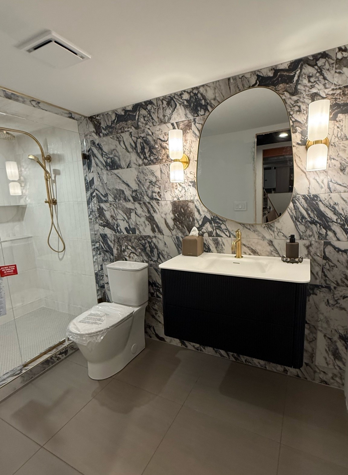 Almost done! I have the 36” vanity option #bathroom #bathroomreno #vanity #lighting #shower