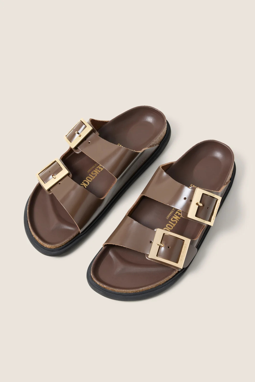 BIRKENSTOCK Women's Arizona Droplet Buckle High Shine Sandals, Size 41, Carafe Brown | Evereve