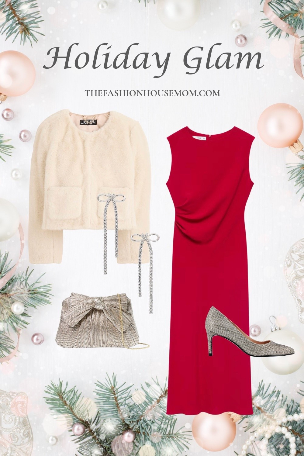 Holiday party outfit featuring a red dress, faux fur coat, silver shoes, and an evening bag  

#LTKParties #LTKHoliday #LTKStyleTip