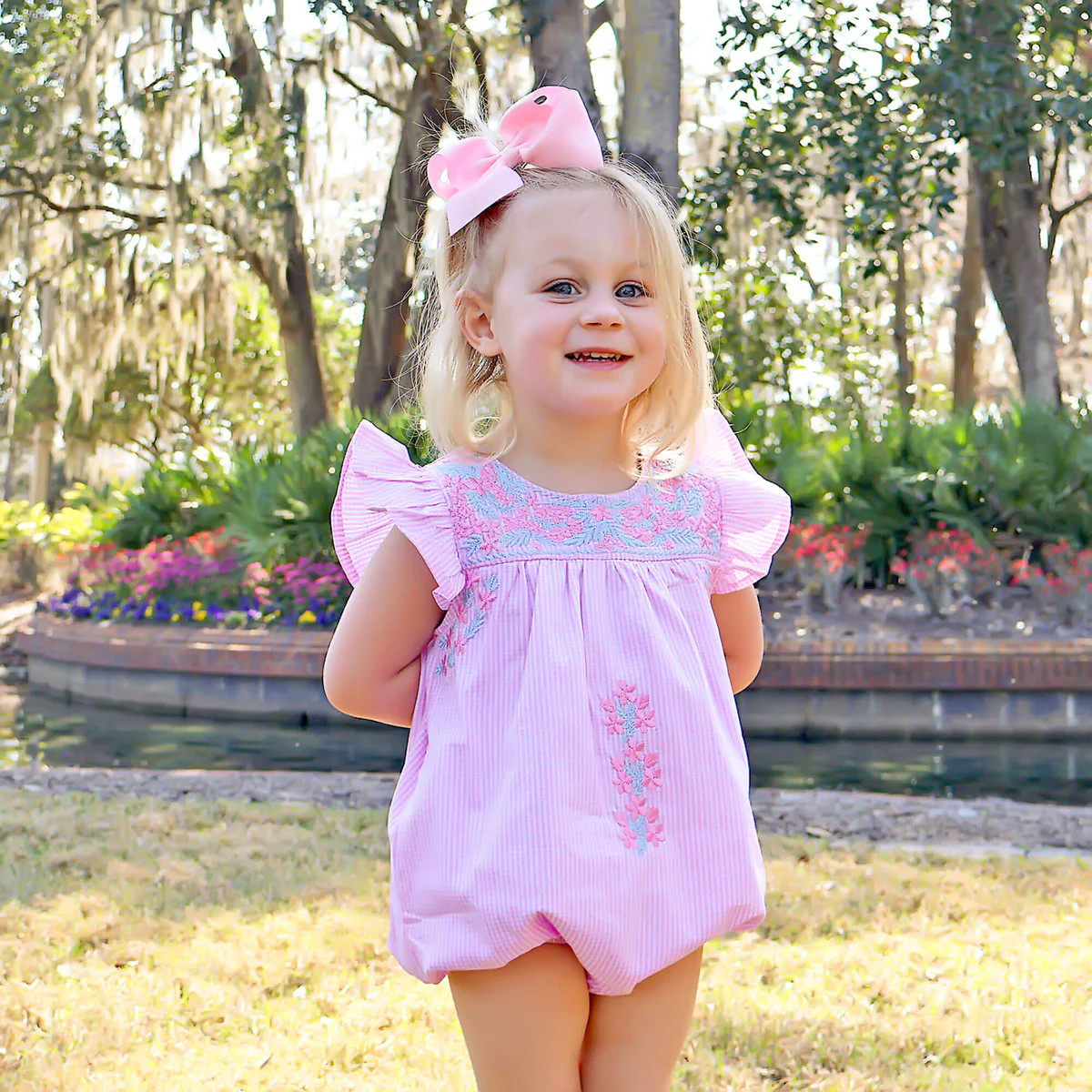 Fiesta Pink Gingham Embroidered Bubble | Classic Whimsy