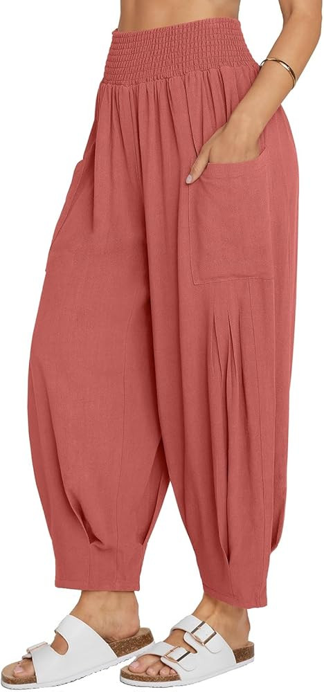 TARSE Women Linen Boho Pants Summer Casual Loose High Waist Cargo Lounge Harem Pant 2025 Beach Tr... | Amazon (US)