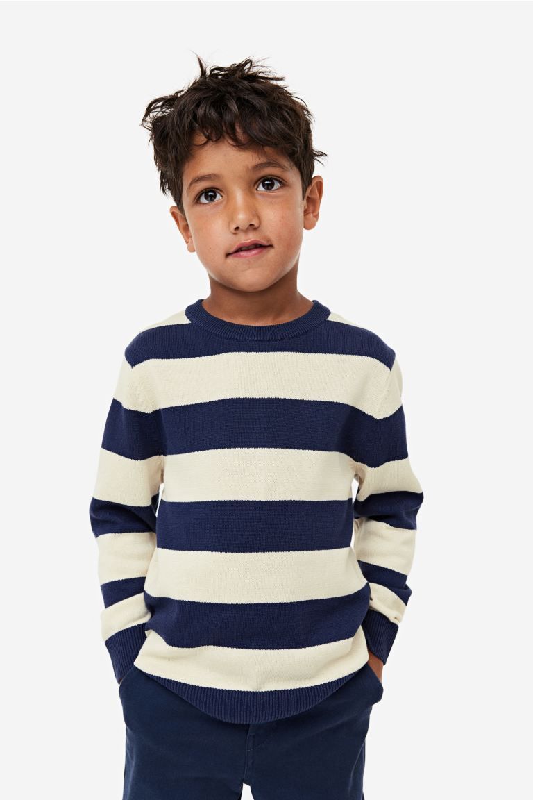 Jacquard Knit Cotton Sweater - Navy blue/Stripe - Kids | H&M AU | H&M (AU)
