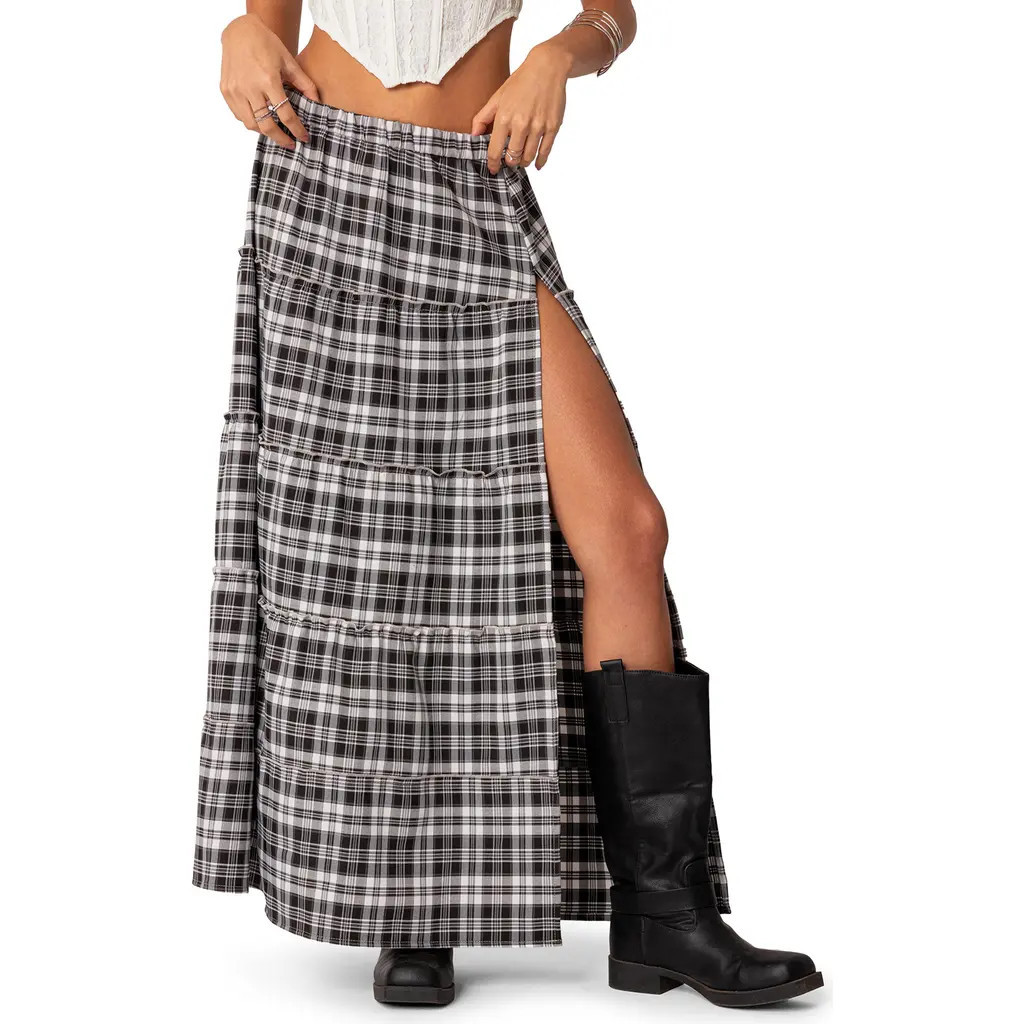 EDIKTED Plaid Tiered Slit Maxi Skirt in Black-And-White at Nordstrom, Size X-Small | Nordstrom