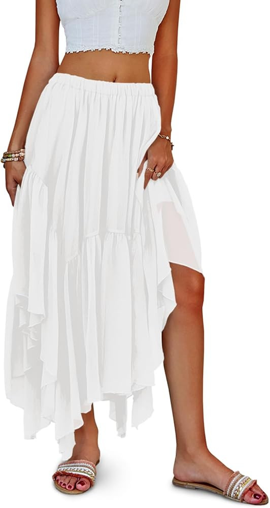 Fisoew Womens Summer Boho Maxi Skirt Casual Asymmetric High-Low Hem Flowy Bohemia Long Skirt | Amazon (US)