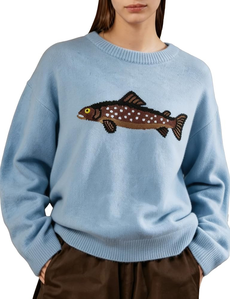 Shiyifa Womens Fish Graphic Sweaters Crew Neck Knit Pullover | Amazon (US)