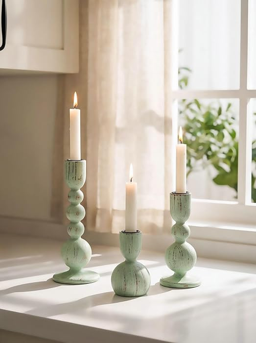 Candle Stick Holders Decor: Set of 3 Farmhouse Wooden Taper Candle Holders - Rustic Sage Green fo... | Amazon (US)