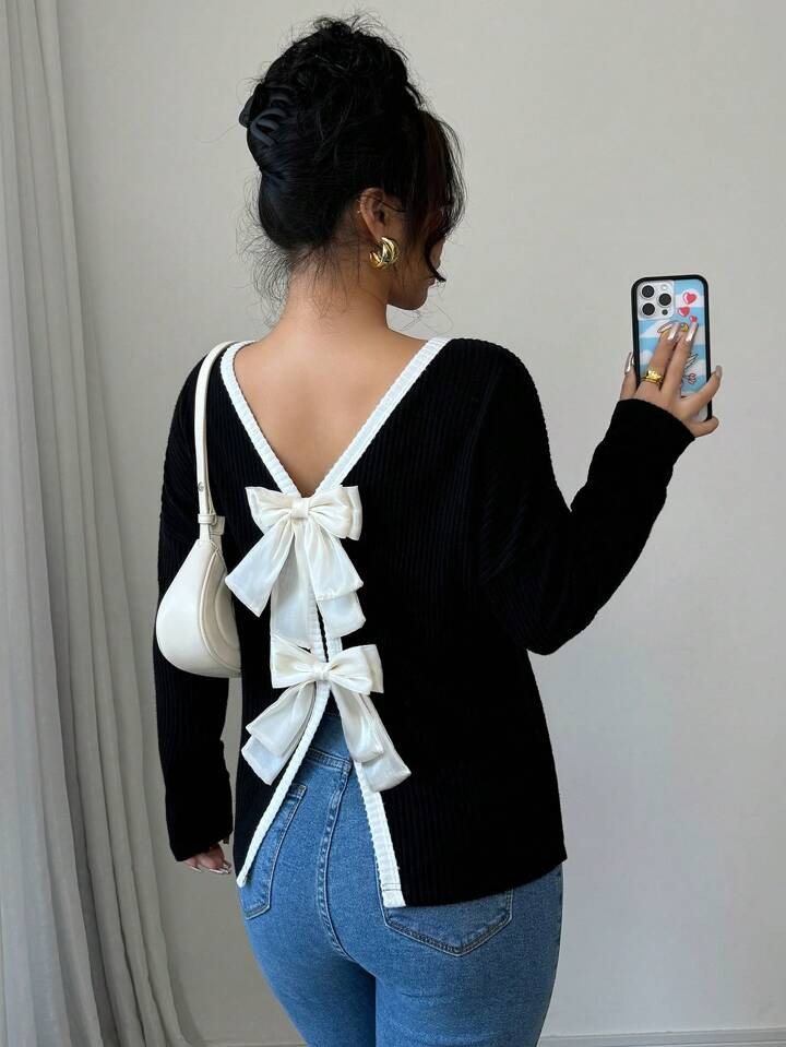 SHEIN Relaxiva Women's Autumn Bowknot Decorated Long Sleeve Fashion T-Shirt Graphic Tees Women To... | SHEIN