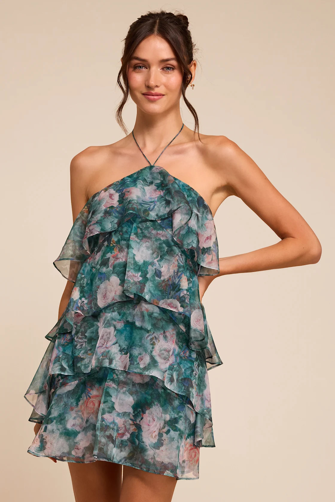 Melody Teal Multi Floral Tiered Halter Mini Dress | Lulus