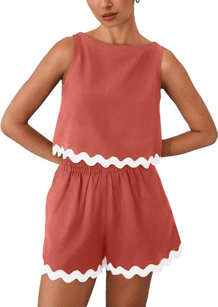 GRECERELLE Women 2024 Summer 2 Piece Outfits Set Lace Trim Crewneck Tank Crop Top and Shorts Loun... | Amazon (US)