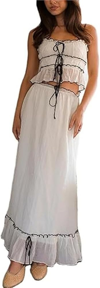 Women Y2k 2 Piece Skirt Sets Tie-Up Front Patchwork Cami Tops+ Ruched Ruffle Maxi Skirt Y2k Party... | Amazon (US)
