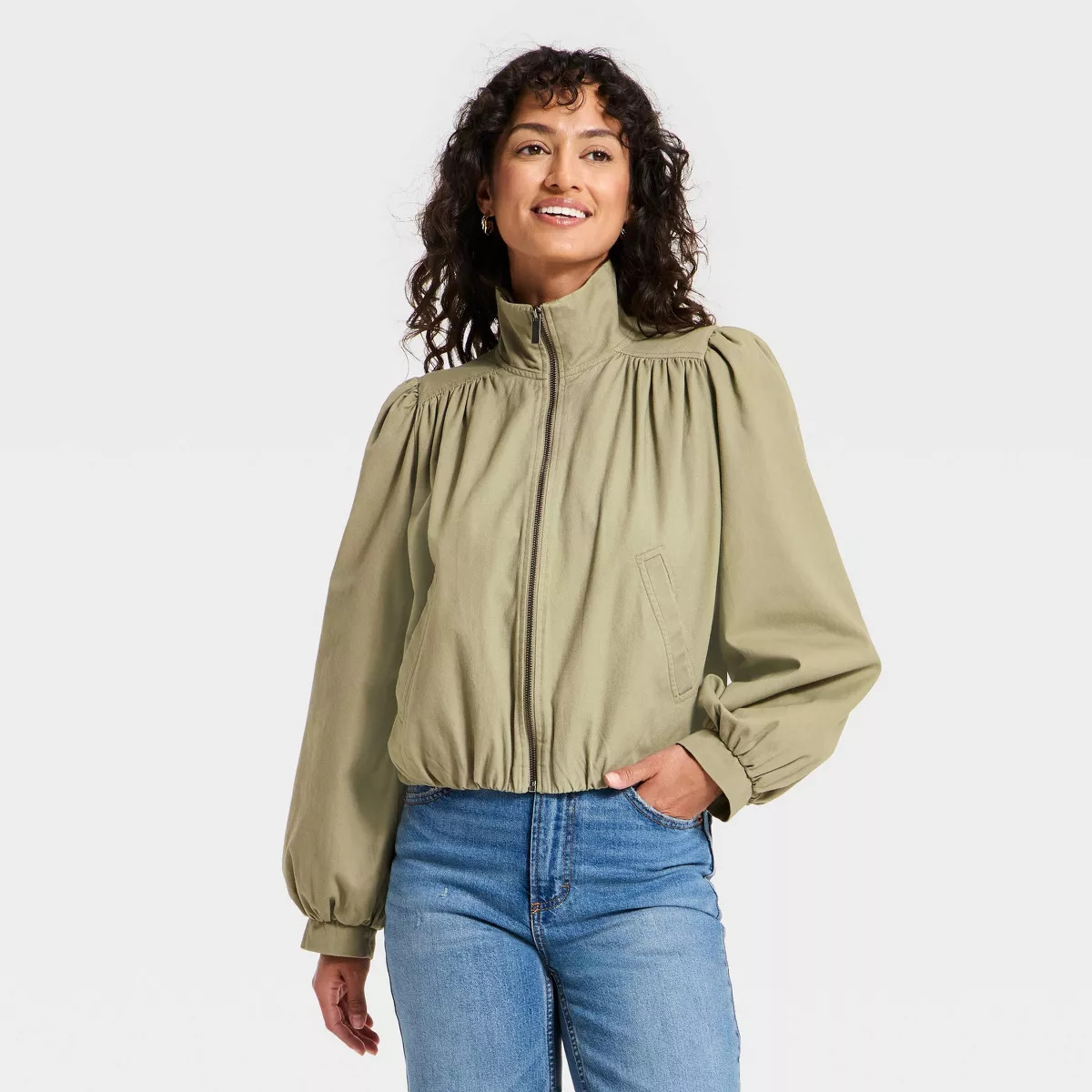 Women's Cropped Femme Twill Bomber Jacket - Universal Thread™ Tan S | Target
