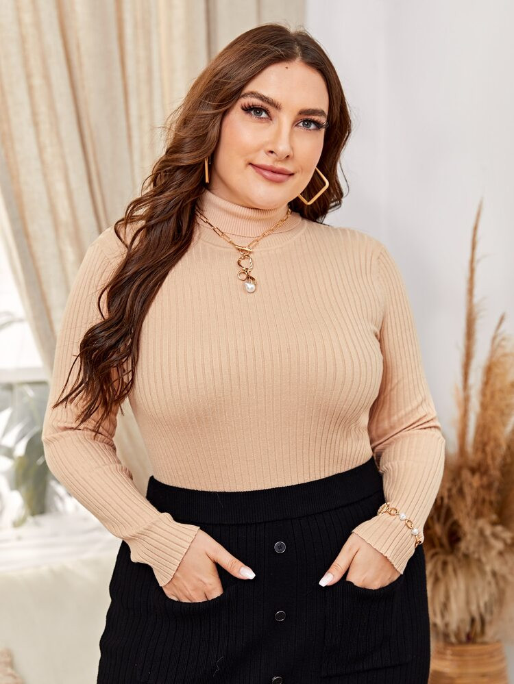 Plus Turtleneck Rib-knit Solid Sweater | SHEIN