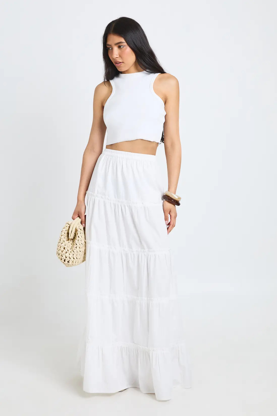 White Tall Tiered Cotton Poplin Maxi Skirt | Boohoo USA | boohoo (US & Canada)