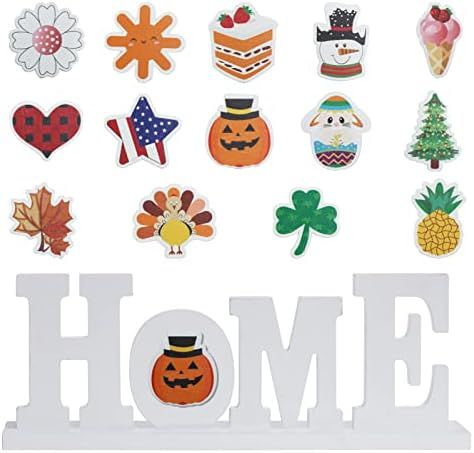 Interchangeable Home Sign Table Decor, Wooden Tabletop Desk Decorations with 14 Ornaments, for Ho... | Amazon (US)