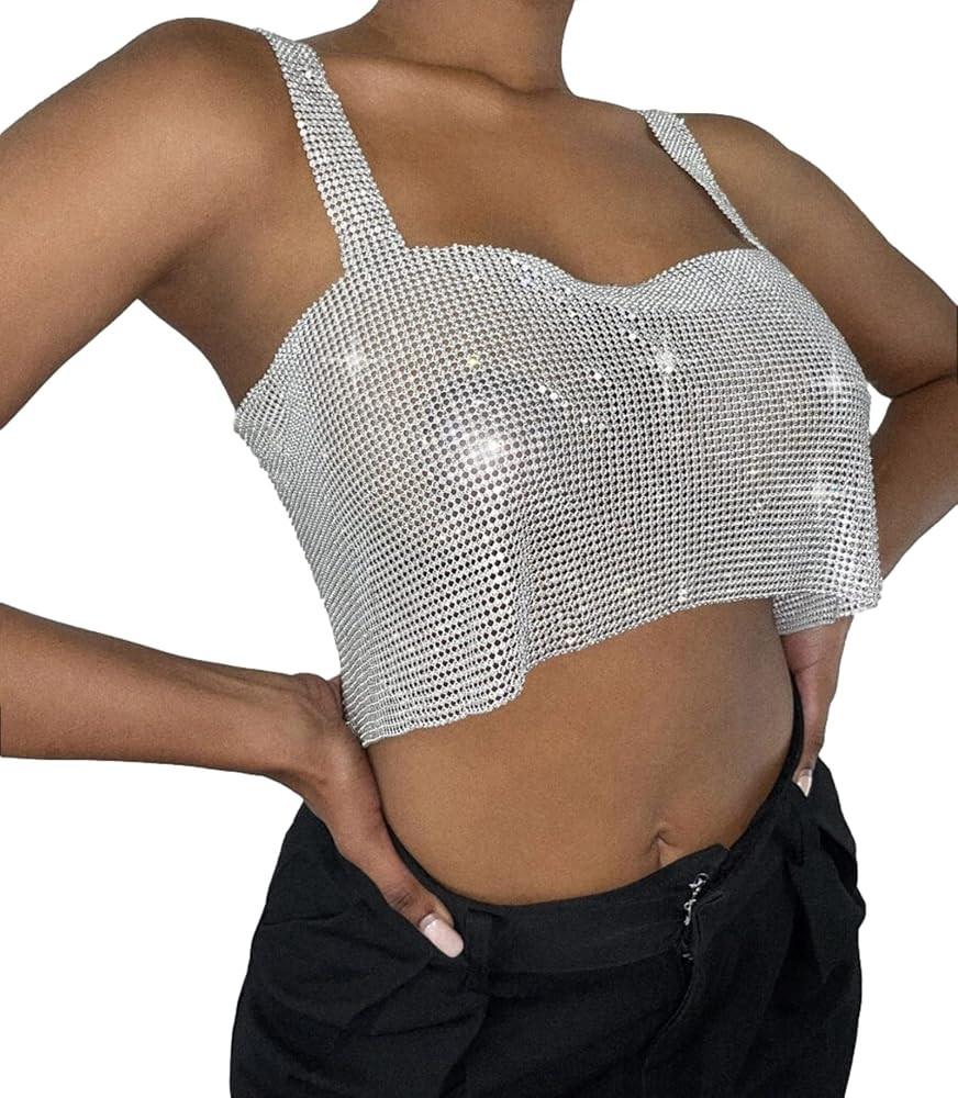 Womens Sparkly Chain Crop Top - Sexy Sequin Crystal Tank Spaghetti Strap Metallic Party Clubwear ... | Amazon (US)