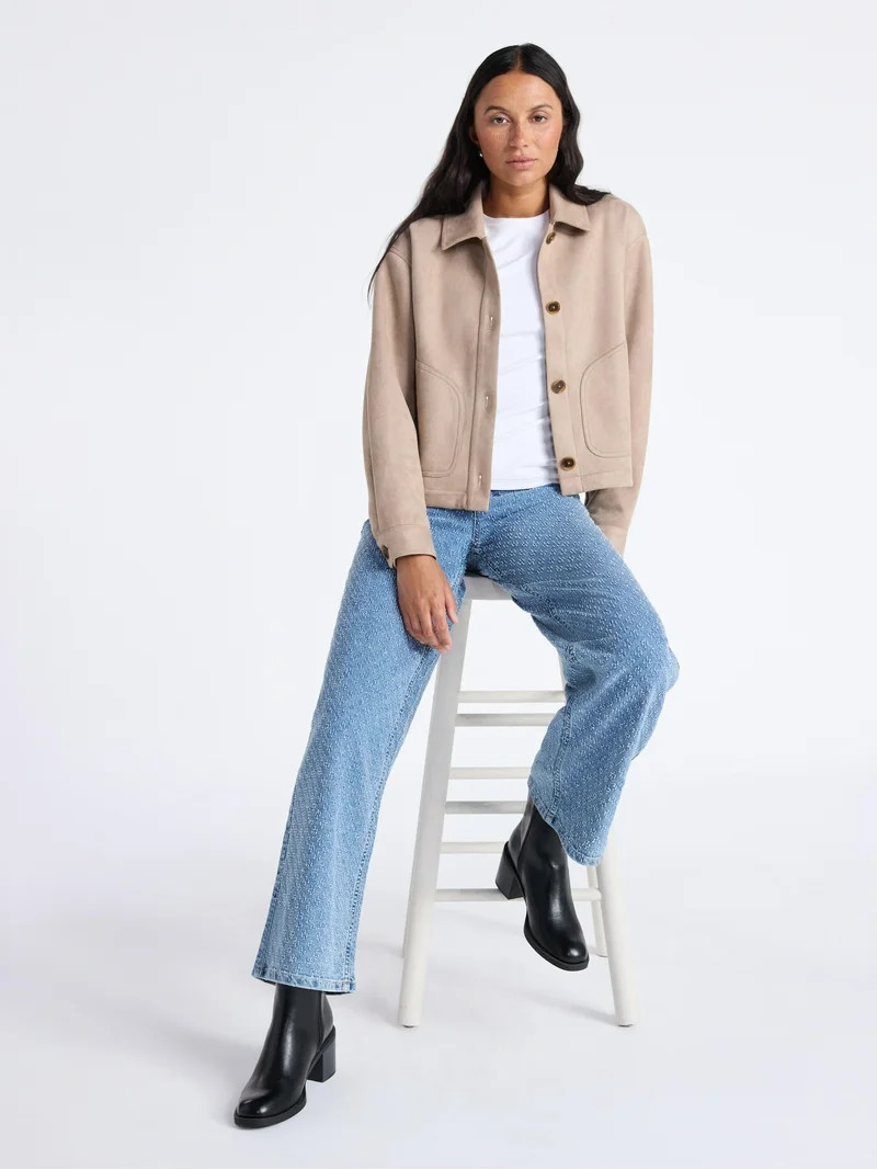 Time and Tru Women's Faux Suede Button Front Jacket, Sizes XS-XXXL | Walmart (US)