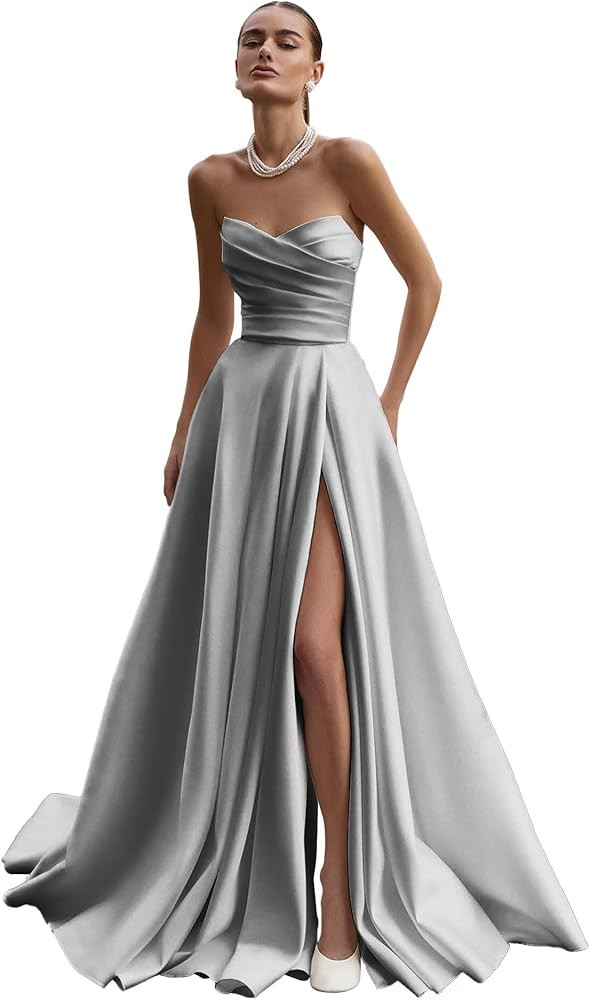 Strapless Wedding Dresses Satin Prom Dress Long Ruched Formal Ball Gown with Slit | Amazon (US)