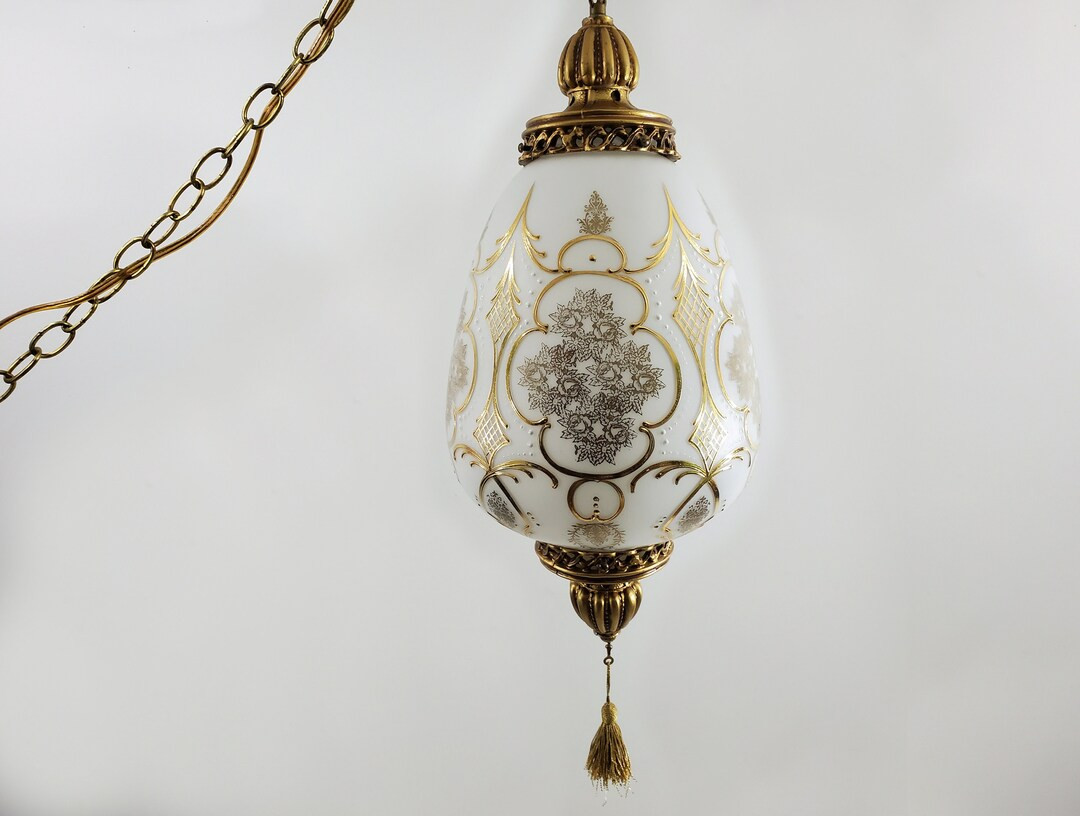 Vintage Satin Glass and Gold Reverse Teardrop Swag Lamp - Pendant Lamp with Hand Painted Gold Scr... | Etsy (US)